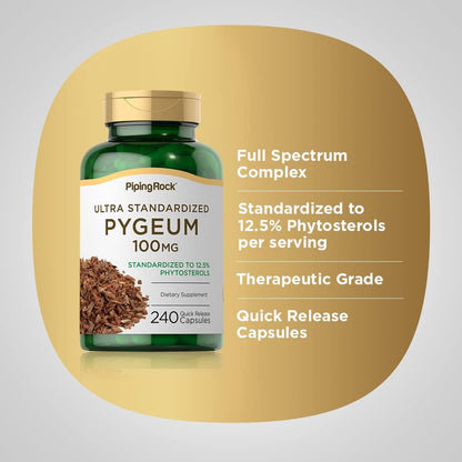 Piping Rock Pygeum | 100mg | 240 Capsules | Supplement for Men & Women | Pygeum Africanum Bark Extract | Ultra Standardized Phytosterols | Non-GMO, Gluten Free