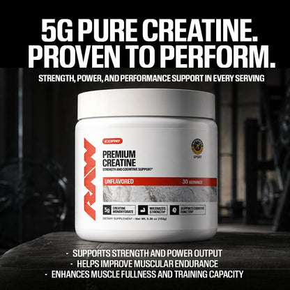 RAW Nutrition Creatine Monohydrate Powder, Unflavored (30 Servings) - Micronized Creatine Monohydrate Supplement for Workout Performance, Build Muscle & Strength - Creatine Powder for Men & Women