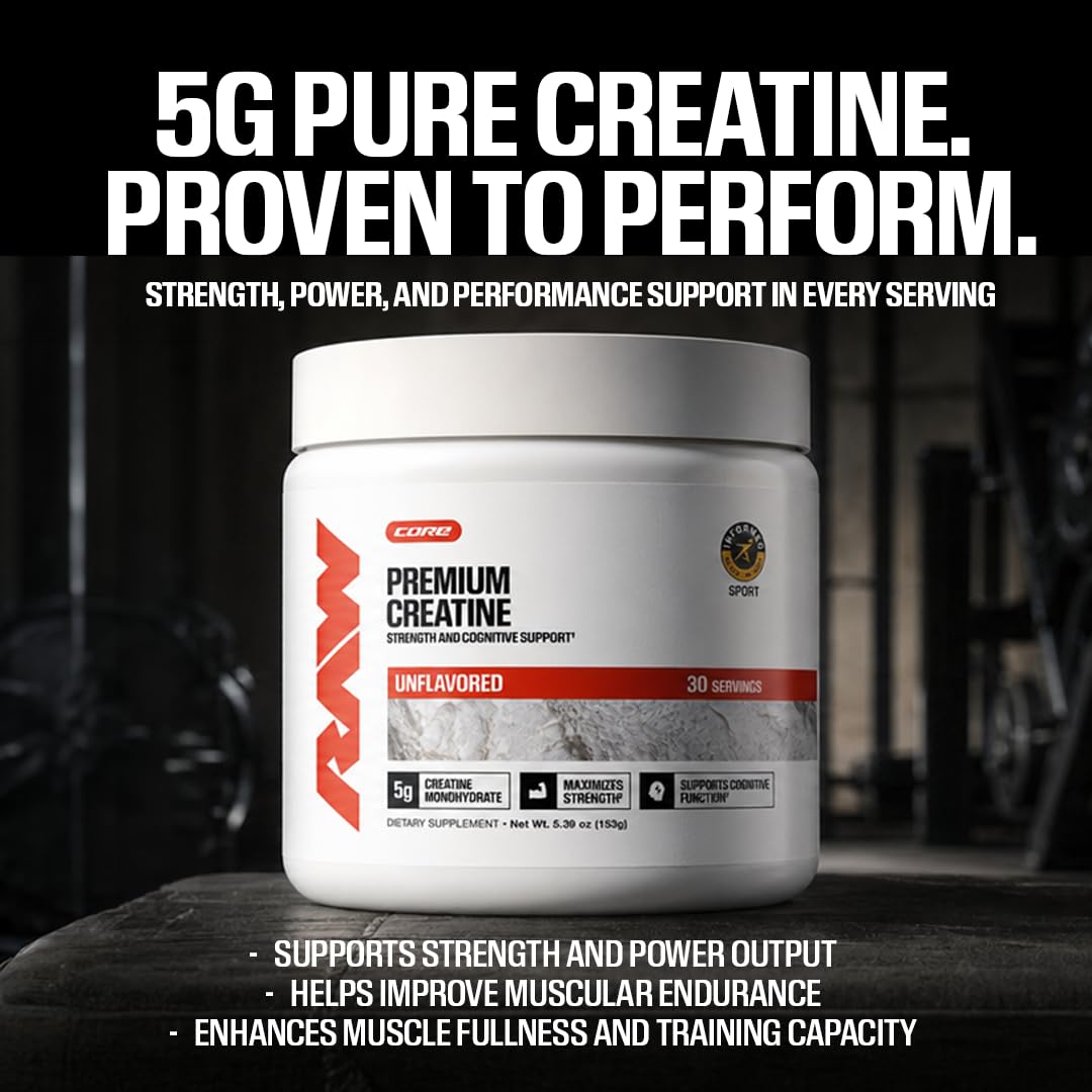 RAW Nutrition Creatine Monohydrate Powder, Unflavored (30 Servings) - Micronized Creatine Monohydrate Supplement for Workout Performance, Build Muscle & Strength - Creatine Powder for Men & Women