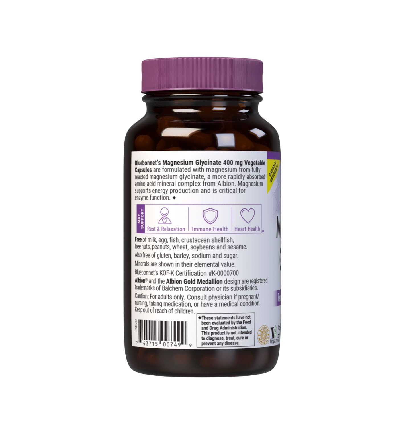 Bluebonnet Nutrition Magnesium Glycinate 400mg Maximum Absorption Mineral Complex Supports Energy Production & Enzyme Function - Non-GMO, Soy-Free, Gluten-Free - 120 Veggie Capsules