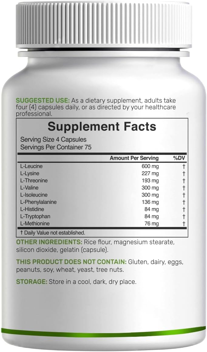 Essential Amino Acids (EAA) 2000mg Per Serving, 300 Capsules – Unflavored - 9 in 1, All BCAAs (Branched-Chain Aminos) – Lean Muscle Support & Natural Pre Workout Supplement