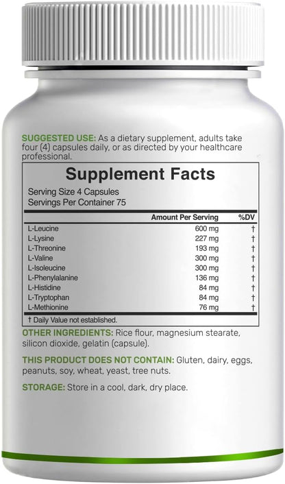Essential Amino Acids (EAA) 2000mg Per Serving, 300 Capsules – Unflavored - 9 in 1, All BCAAs (Branched-Chain Aminos) – Lean Muscle Support & Natural Pre Workout Supplement