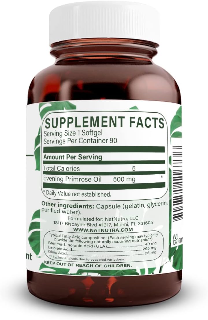 Natural Nutra Evening Primrose Oil Supplement, 500 mg, 90 Softgels | Nerve Health, Helps Reduce Skin Blemishes & Fatty Acid, Balance Body Secretions, Promote Heart Health, Skin Clarity