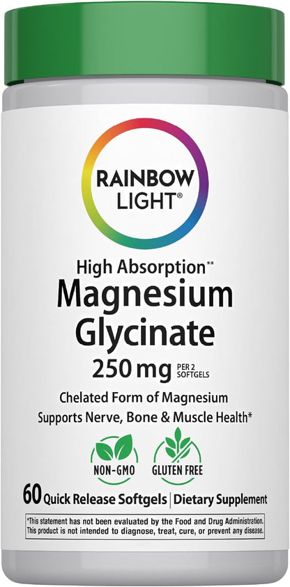 Rainbow Light Magnesium Glycinate 250 mg | 60 Softgels | High Absorption | Supports Nerve, Bone, & Muscle Health | Chelated Form of Magnesium | Non-GMO and Gluten Free