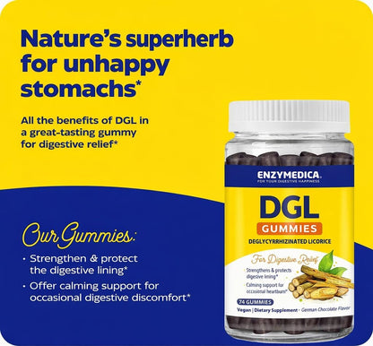 Enzymedica DGL Supplement for Men & Women - DGL Deglycyrrhizinated Licorice Gummies for Digestive Support & Gut Health, Soothes Stomach & Occasional Heartburn, Gluten Free, Vegan, Chocolate - 74 Count