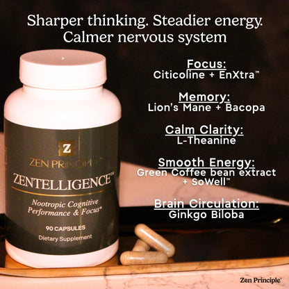 Zen Principle Zentelligence™ Focus Nootropic Supplement for Students & Professionals | Energy, Memory & Stress Support | Jitter-Free Formula with L-Theanine, Ginkgo Biloba, Huperzine A. 90 Capsules