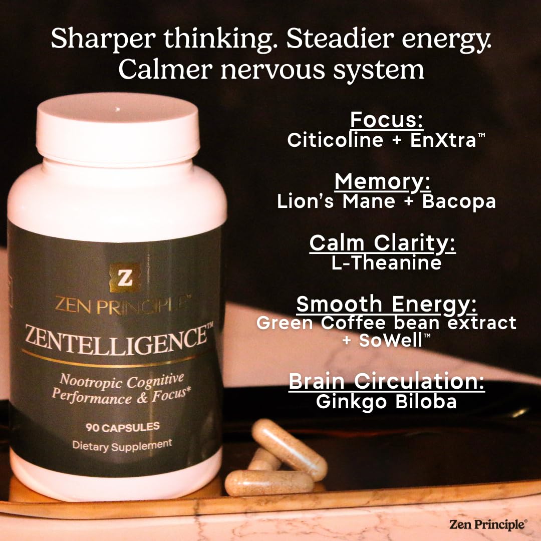 Zen Principle Zentelligence™ Focus Nootropic Supplement for Students & Professionals | Energy, Memory & Stress Support | Jitter-Free Formula with L-Theanine, Ginkgo Biloba, Huperzine A. 90 Capsules