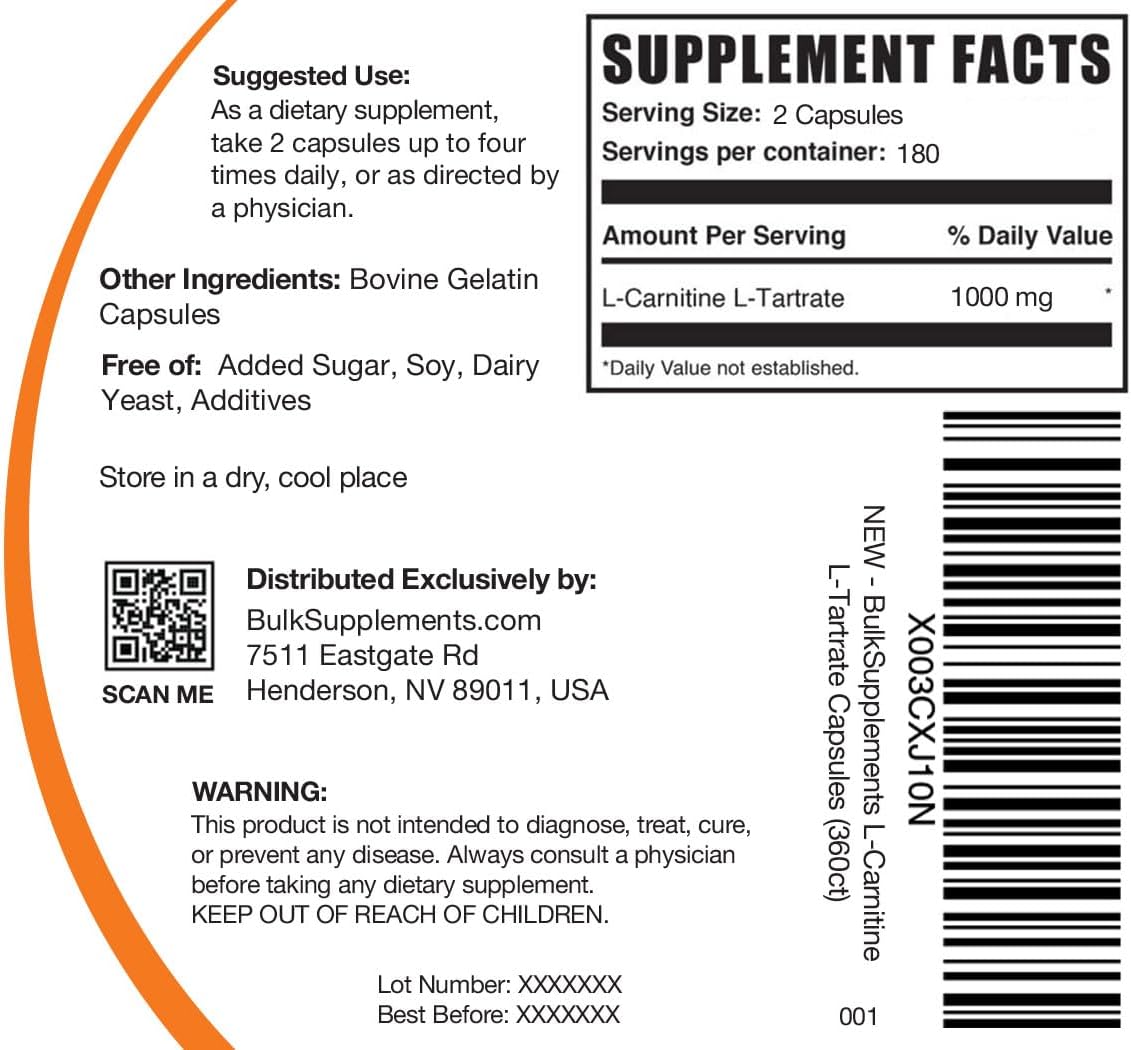 BulkSupplements.com L-Carnitine L-Tartrate Capsules - Carnitine Supplement, L Carnitine 1000mg Capsules - L-Carnitine Tartrate, Gluten Free - 2 Capsules per Serving, 360 Capsules (Pack of 1)