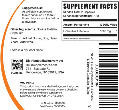 BulkSupplements.com L-Carnitine L-Tartrate Capsules - Carnitine Supplement, L Carnitine 1000mg Capsules - L-Carnitine Tartrate, Gluten Free - 2 Capsules per Serving, 360 Capsules (Pack of 1)