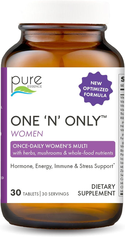 PURE ESSENCE LABS One N Only Multivitamin for Women, Natural One a Day Herbal Supplement with Vitamin D3, B12, and Biotin with Whole Foods, 30 Tablets