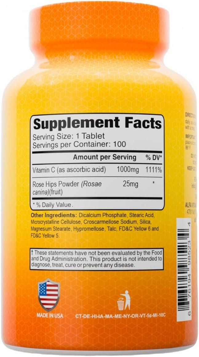 ALFA VITAMINS Vitamin C with Rose Hips with 1000 mg Vitamin C per Serving - Antioxidant & Immune Support + Supports Healthy Skin & Joints - Non GMO, Vegan, Gluten Free, Dairy Free - 100 Tablets