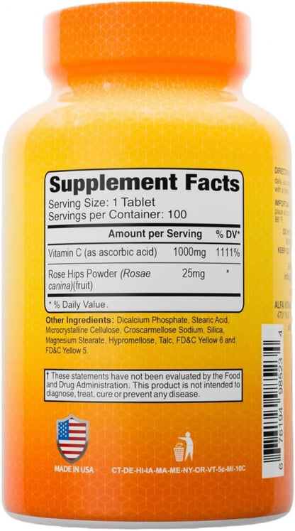 ALFA VITAMINS Vitamin C with Rose Hips with 1000 mg Vitamin C per Serving - Antioxidant & Immune Support + Supports Healthy Skin & Joints - Non GMO, Vegan, Gluten Free, Dairy Free - 100 Tablets