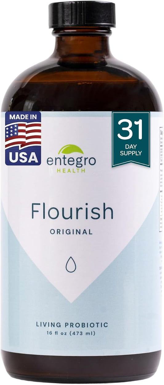 ENTEGRO Flourish Original Liquid Probiotic & Postbiotic Supplement, Plastic | 11 Live Cultures, Gut & Digestive Health For Women, Men & Kids, Organic, Vegan, Allergen Free, Non-GMO, USA Made, 16 fl oz