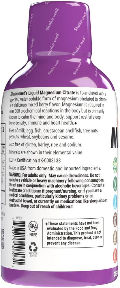 Bluebonnet Nutrition Magnesium Citrate 420 mg - Calm Mind & Body* – Supports Heart, Muscle & Sleep* - Non-GMO, Vegan, Kosher, Gluten-Free, Soy-Free, Milk-Free - 16 FL OZ, Mixed Berry Flavor
