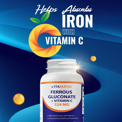 Vitamatic Ferrous Gluconate 324 mg + Vitamin C 100 mg - No Artificial Color Additives - Gentle on Stomach - 250 Tablets - Made in USA
