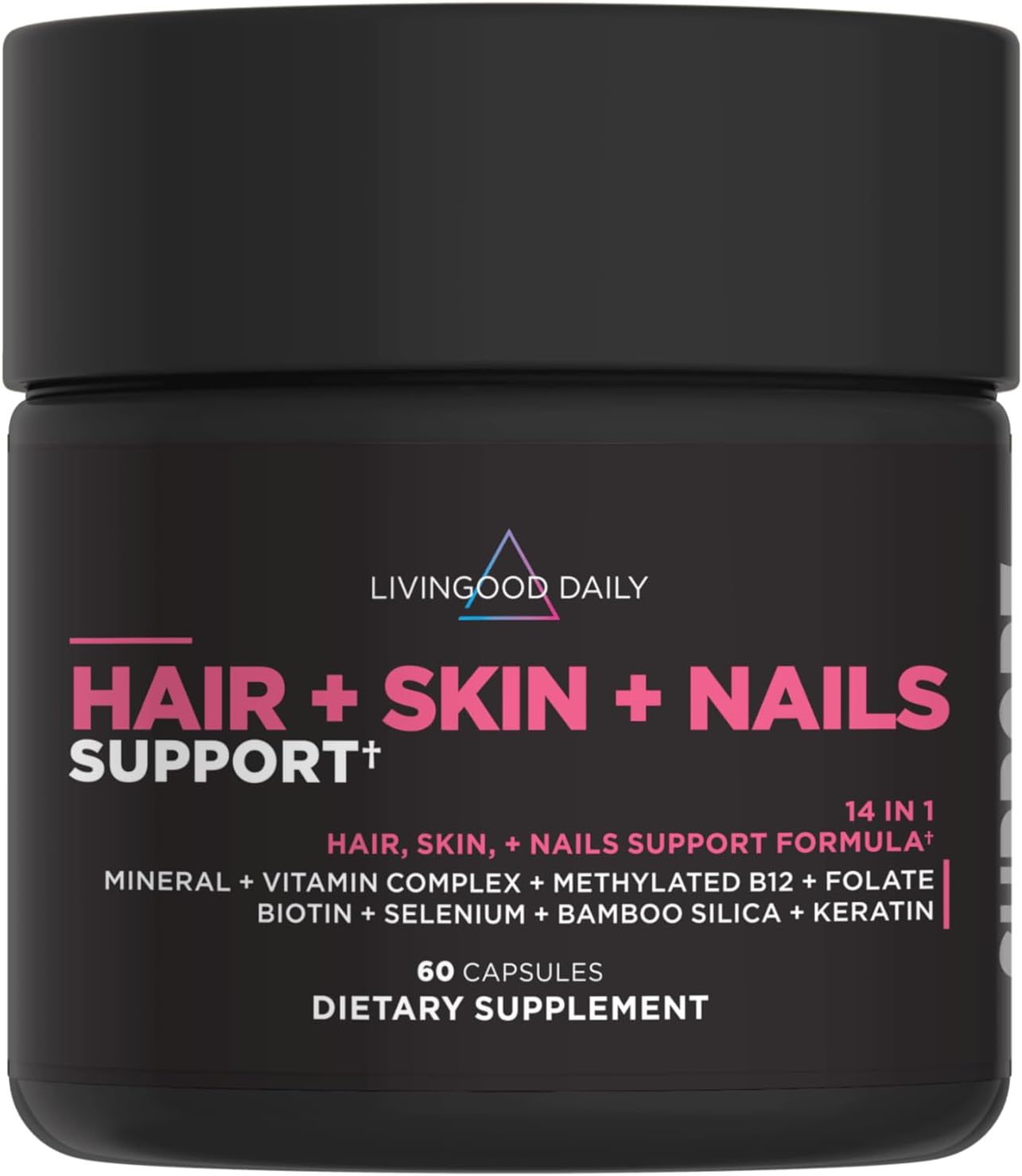 Livingood Daily Hair, Skin & Nails Supplement, 14-in-1 Formula with Biotin, Collagen, Keratin, Bamboo, Selenium, Folate, B12, Zinc and More, Beauty Supplement for Women & Men, Gluten Free, 60 Capsules