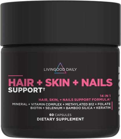 Livingood Daily Hair, Skin & Nails Supplement, 14-in-1 Formula with Biotin, Collagen, Keratin, Bamboo, Selenium, Folate, B12, Zinc and More, Beauty Supplement for Women & Men, Gluten Free, 60 Capsules
