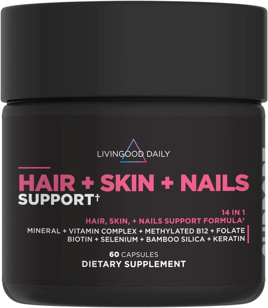 Livingood Daily Hair, Skin & Nails Supplement, 14-in-1 Formula with Biotin, Collagen, Keratin, Bamboo, Selenium, Folate, B12, Zinc and More, Beauty Supplement for Women & Men, Gluten Free, 60 Capsules