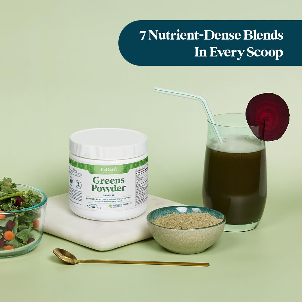 Pattern Wellness Greens Powder Superfood – with Antioxidant, Digestive Enzyme, Fiber, Probiotic & Adaptogen Blends – Digestion, Immunity & Energy Production – 30 Servings – Original Flavor – (6.77 oz)