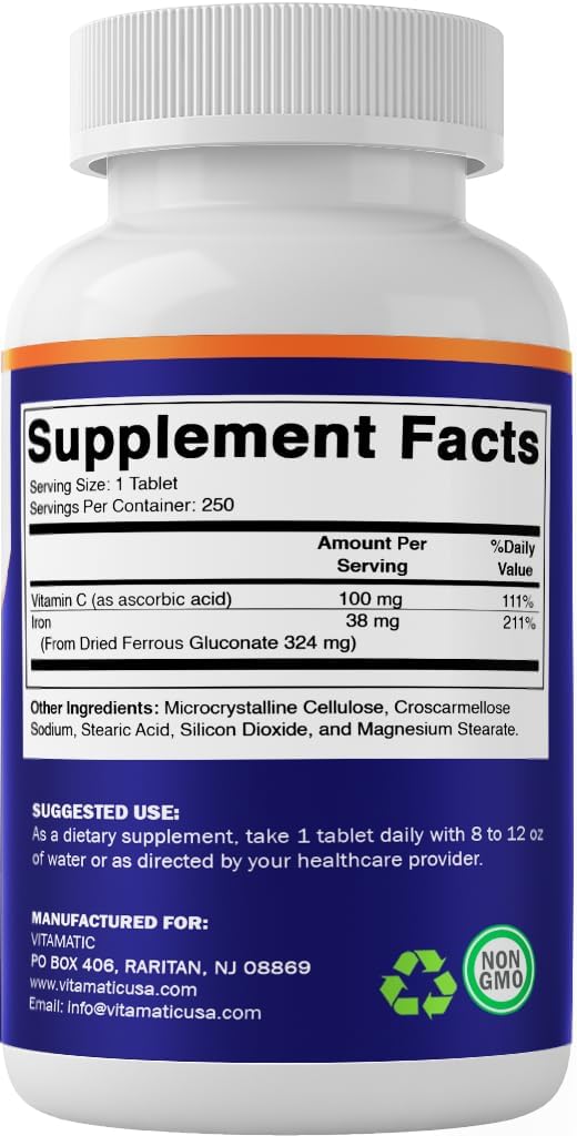 Vitamatic Ferrous Gluconate 324 mg + Vitamin C 100 mg - No Artificial Color Additives - Gentle on Stomach - 250 Tablets - Made in USA