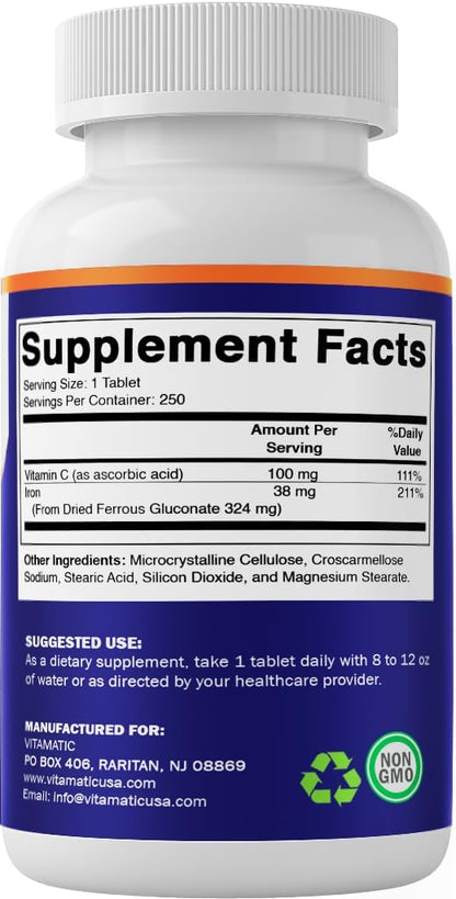 Vitamatic Ferrous Gluconate 324 mg + Vitamin C 100 mg - No Artificial Color Additives - Gentle on Stomach - 250 Tablets - Made in USA