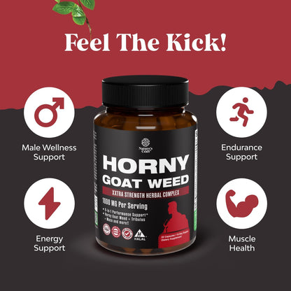 Horny Goat Weed for Male Enhancement - Testosterone Booster Supplement for Men - 1000mg per serving Complex with Tongkat Ali Saw Palmetto Extract & Panax Ginseng - Black Maca Root for Stamina & Energy