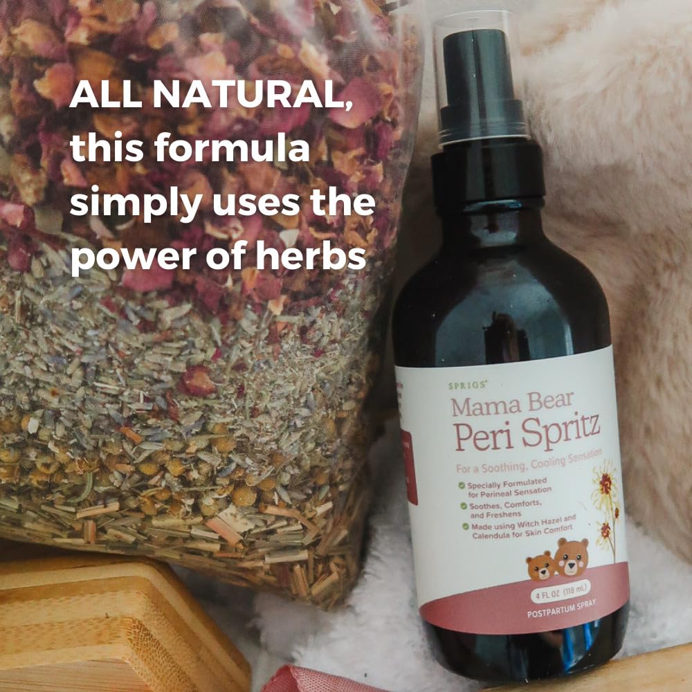 SPRIGS Peri Spritz, 4 Fl Oz | Perineal Spray for Postpartum Recovery | A Soothing Natural Herbal Formula with Witch Hazel & Organic Aloe & Comfrey | 360° Bottle Top for Easy Access to the Perineum