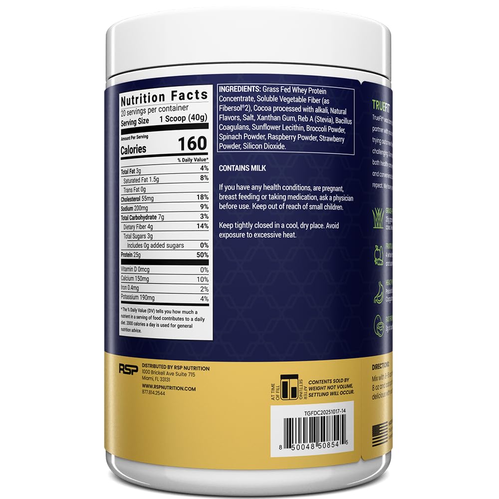 TrueFit Grass-Fed Whey Protein Powder + Fiber & Probiotics, Vanilla Shake | 25g Gut Healthy Protein with Fiber, Probiotics & Non-GMO Superfoods for Complete Meal Replacement Shake with Nothing Fake