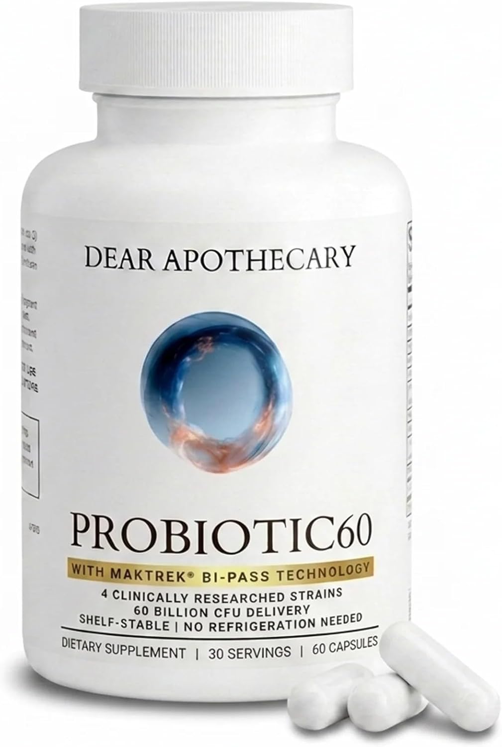 Probiotic 60 Billion CFU 4 Strains with MAKTREK Bi-Pass Technology, Lactobacillus Acidophilus, Prebiotic Fiber, Digestive & Gut Health Support, 60 Capsules