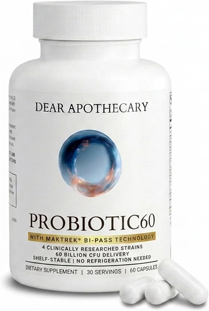 Probiotic 60 Billion CFU 4 Strains with MAKTREK Bi-Pass Technology, Lactobacillus Acidophilus, Prebiotic Fiber, Digestive & Gut Health Support, 60 Capsules