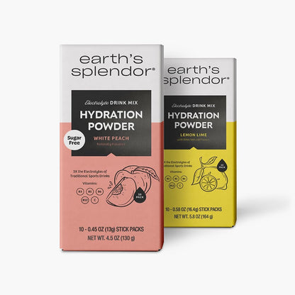 Earth's Splendor Hydration Powder Bundle | Lemon Lime & Sugar-Free White Peach | 20 Single-Serving Electrolyte Sticks | Fast Hydration & Electrolyte Support