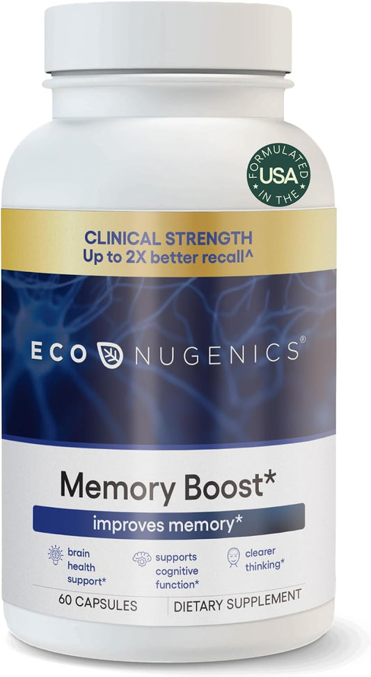 EcoNugenics Memory Boost Supplement – Clinically Studied Ingredients to Support Brain Focus & Health – Nootropic Formula with Bacopa Monnieri, Boswellia Serrata & Ginkgo Biloba Extract – 60 Capsules