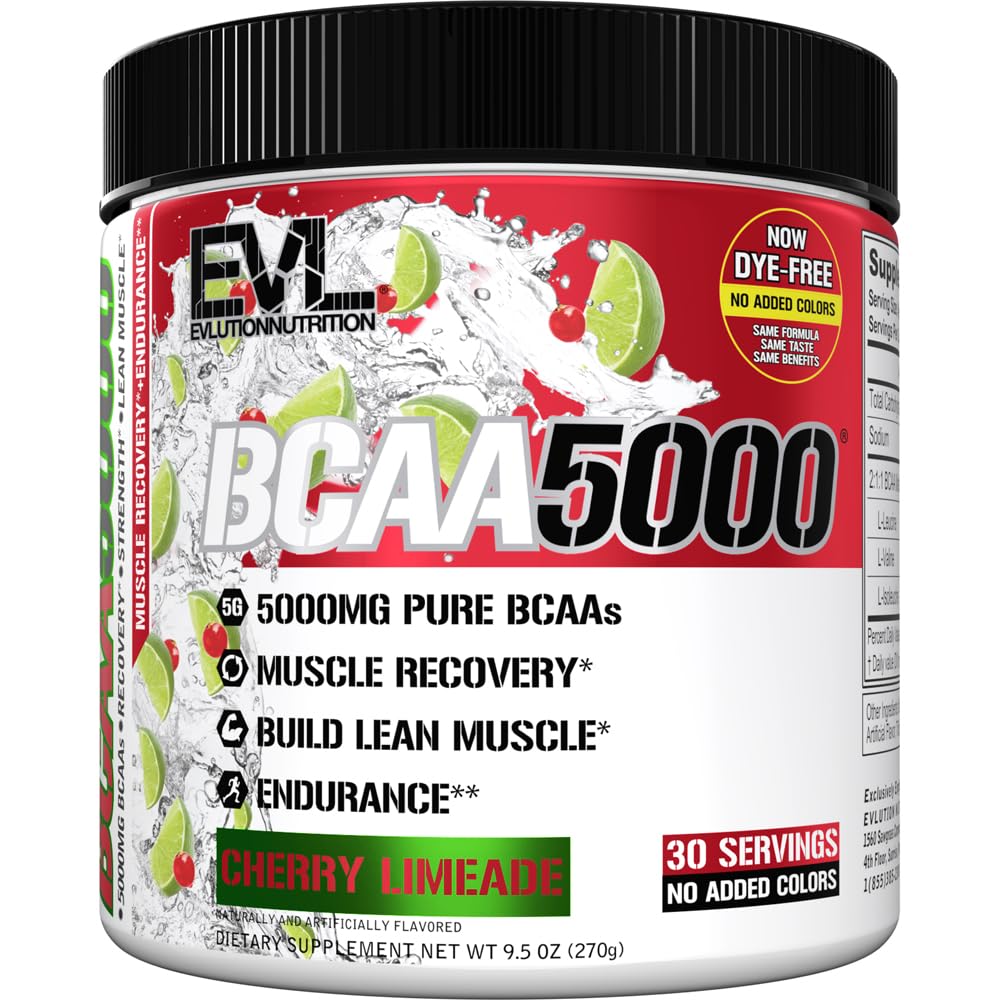 Evlution EVL BCAAs Amino Acids Powder - BCAA Powder Post Workout Recovery Drink and Stim Free Pre Workout Energy - 5g Branched Chain Amino Acids Supplement for Men - Cherry Limeade (Dye Free)