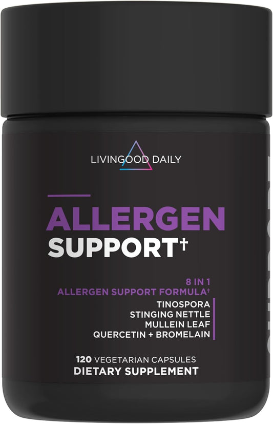 Livingood Daily Allergen Support, Natural Allergy Supplement with Vitamin C, Quercetin, Nettle Leaf, Zinc, Bromelain & Tinospora, Non GMO, Vegan, Immune Support Formula, 120 Vegetarian Capsules