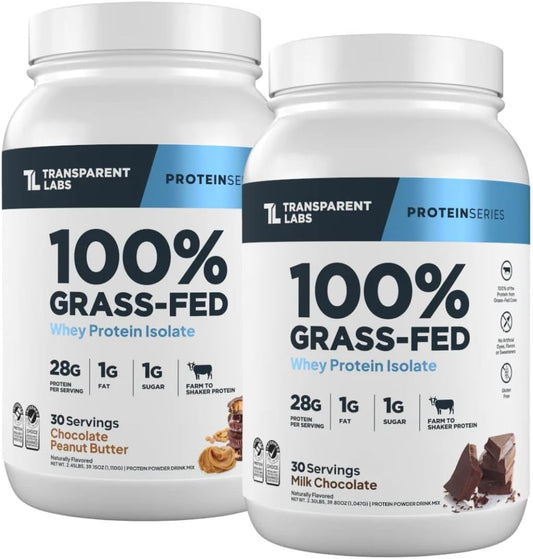 Transparent Labs Grass-Fed Whey Protein Isolate (30 Servings, Chocolate Peanut Butter) & Grass-Fed Whey Protein Isolate (30 Servings, Milk Chocolate)