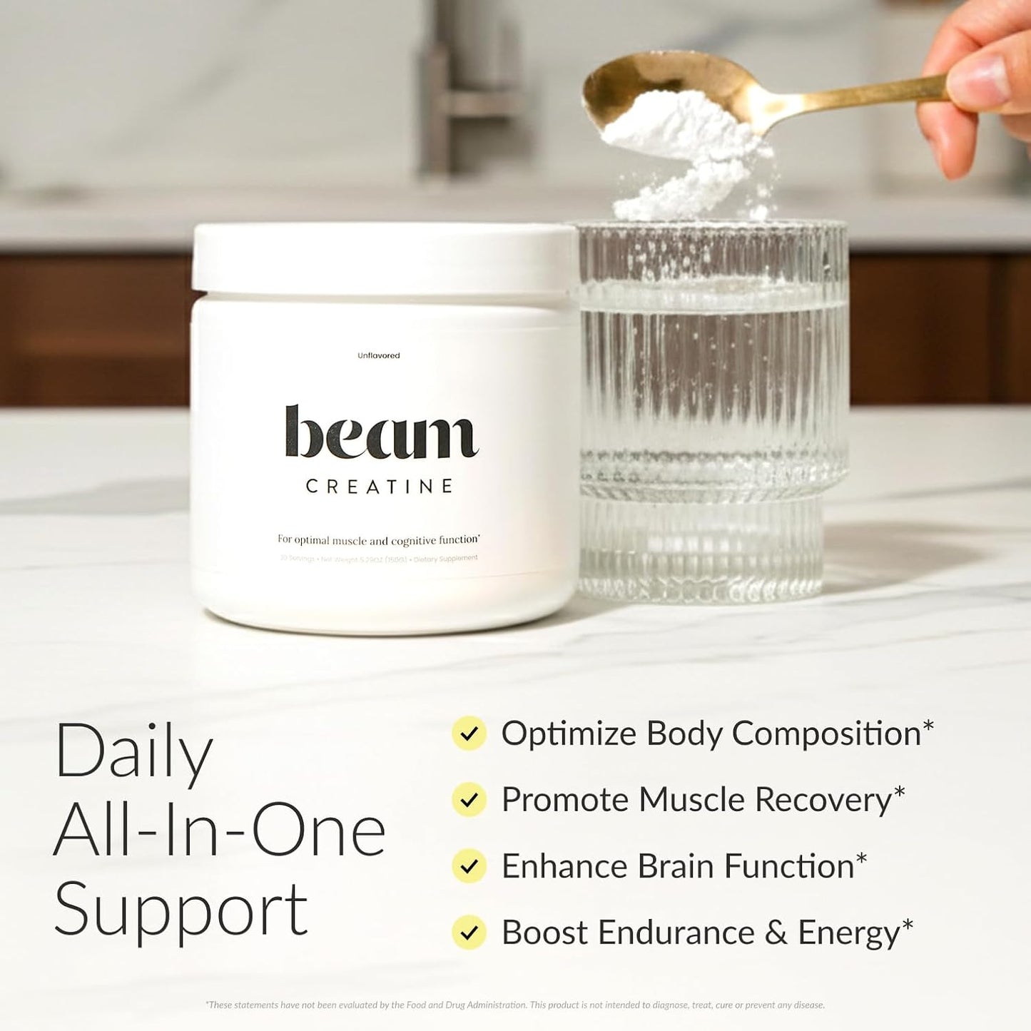 BEAM Creatine Monohydrate Powder – 5g Micronized Creatine Monohydrate, Third Party Tested Creatine for Women & Men, Muscle Strength, Growth, Recovery & Cognitive Support, Unflavored, 5 Servings
