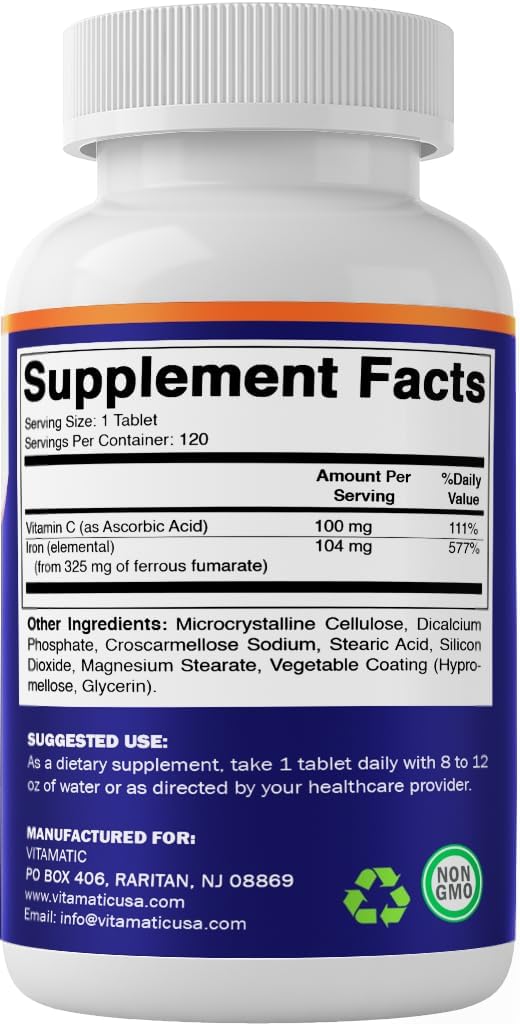 Vitamatic Ferrous Fumarate 325 mg + Vitamin C 100 mg (104 mg Elemental Iron) – High Potency Iron Supplement – Gentle on Stomach, 120 Coated Tablets, Made in USA