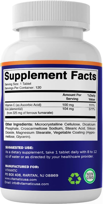 Vitamatic Ferrous Fumarate 325 mg + Vitamin C 100 mg (104 mg Elemental Iron) – High Potency Iron Supplement – Gentle on Stomach, 120 Coated Tablets, Made in USA