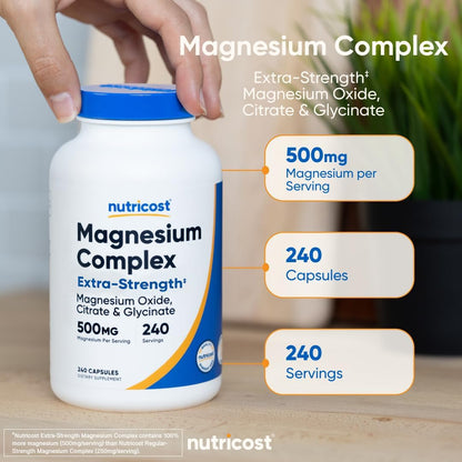 Nutricost Magnesium Complex Extra Strength 500mg, 240 Capsules, Gluten Free | Magnesium Oxide, Citrate, and Glycinate, GMO-Free