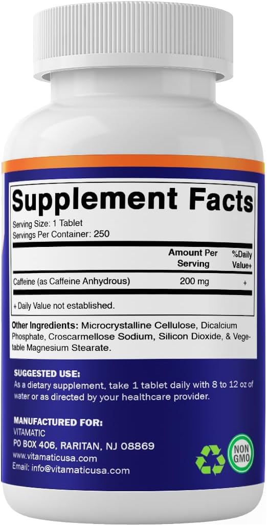 Vitamatic Caffeine Pills 200mg per Serving, 250 Vegetarian Tablets | Support Energy Support & Endurance Performance*, Non GMO, Gluten Free, Made in USA