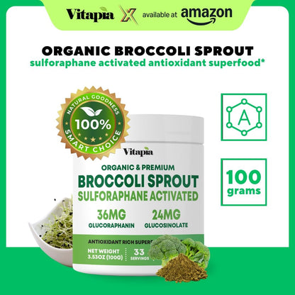 Vitapia Organic Broccoli Sprout Powder for Sulforaphane, Antioxidant, Brain, Skin, Heart Health Support - 100g Powder Supplement & 33 Day Supply - Non-GMO, Gluten-Free, Vegan-Friendly