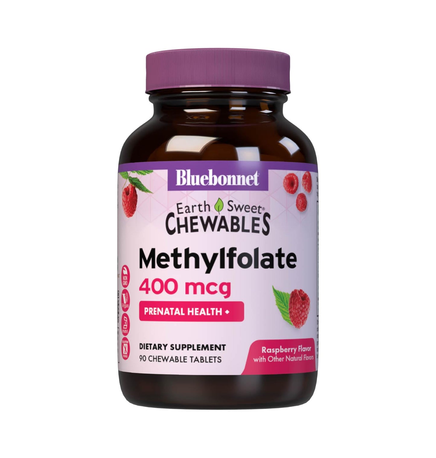 Bluebonnet EarthSweet Methylfolate 400 mcg Cellular Active Coenzyme 5-MTHF L Methyl Folate Supplement - Prenatal & Energy Support* - Non-GMO, Vegan, Gluten-Free - Raspberry - 90 Chewable Tablets