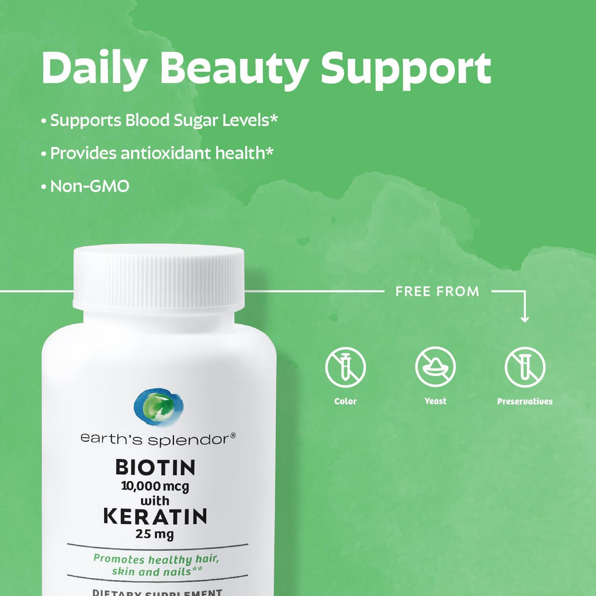 Earth's Splendor Energy & Hair Support: Vitamin B12 (200 Tablets) + Biotin 10,000 mcg & Keratin 25mg (60-Day Supply) - Boosts Energy, Hair, Nails & Skin - No Artificial Colors, Gluten Free