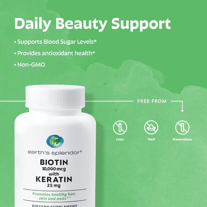 Earth's Splendor Energy & Hair Support: Vitamin B12 (200 Tablets) + Biotin 10,000 mcg & Keratin 25mg (60-Day Supply) - Boosts Energy, Hair, Nails & Skin - No Artificial Colors, Gluten Free