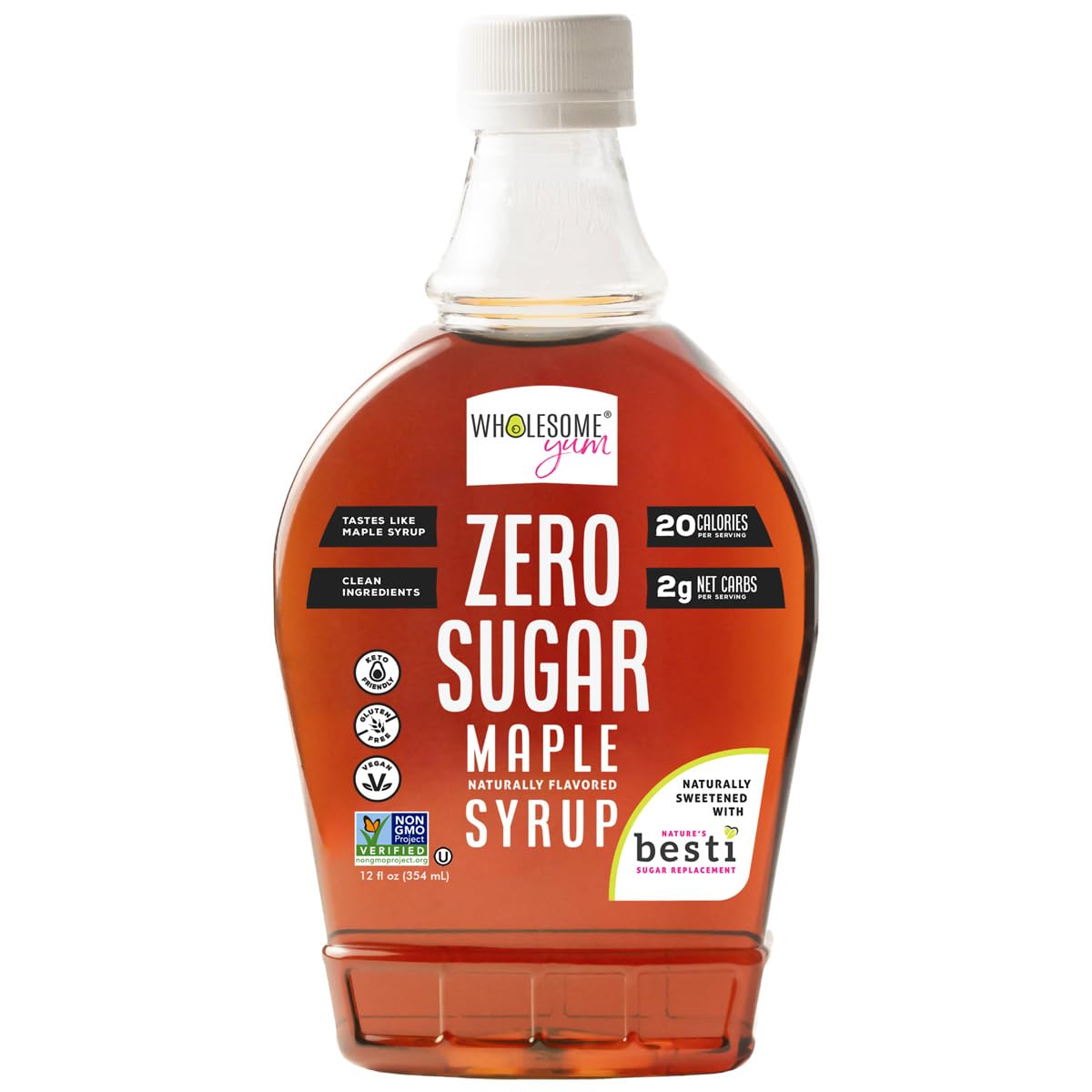 Wholesome Yum Zero Sugar Maple Syrup, Monk Fruit Allulose Keto Maple Syrup | Natural Sugar Free Pancake Syrup. Low Carb, Gluten-Free, Vegan, Non GMO, No Erythritol, No Aftertaste (12 fl oz Glass Bottle)