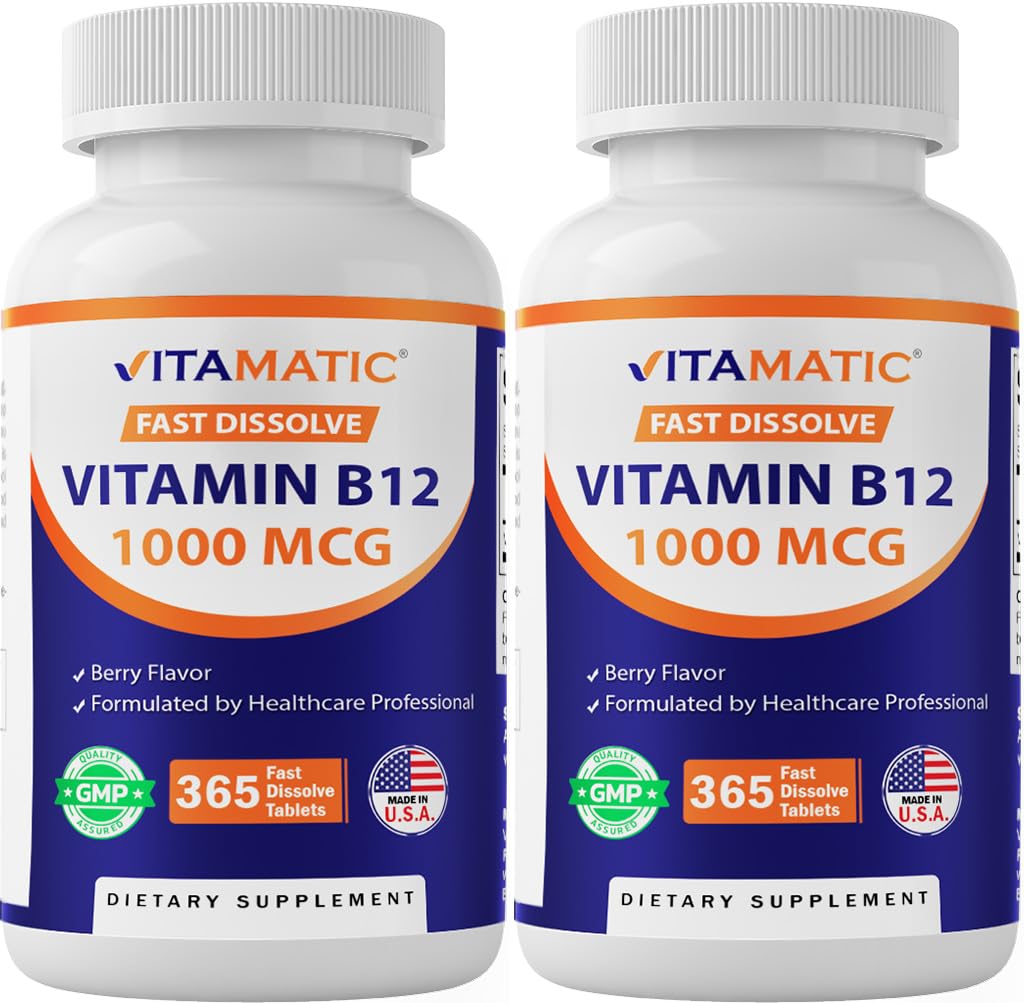 Vitamatic Vitamin B12 1000 mcg Fast Dissolve – 365 Tablets – Natural Berry Flavor – Supports Energy Metabolism & Nervous System Health