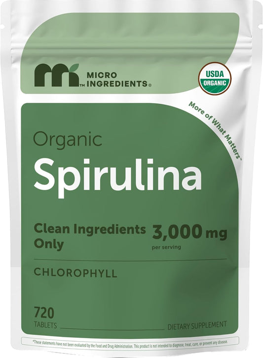 Micro Ingredients Organic Spirulina Supplement, 720 Tablets (4 Month Supply), No Filler & Non-GMO, Rich in Vegan Protein, Vitamins & Prebiotics, Premium Spirulina Pills