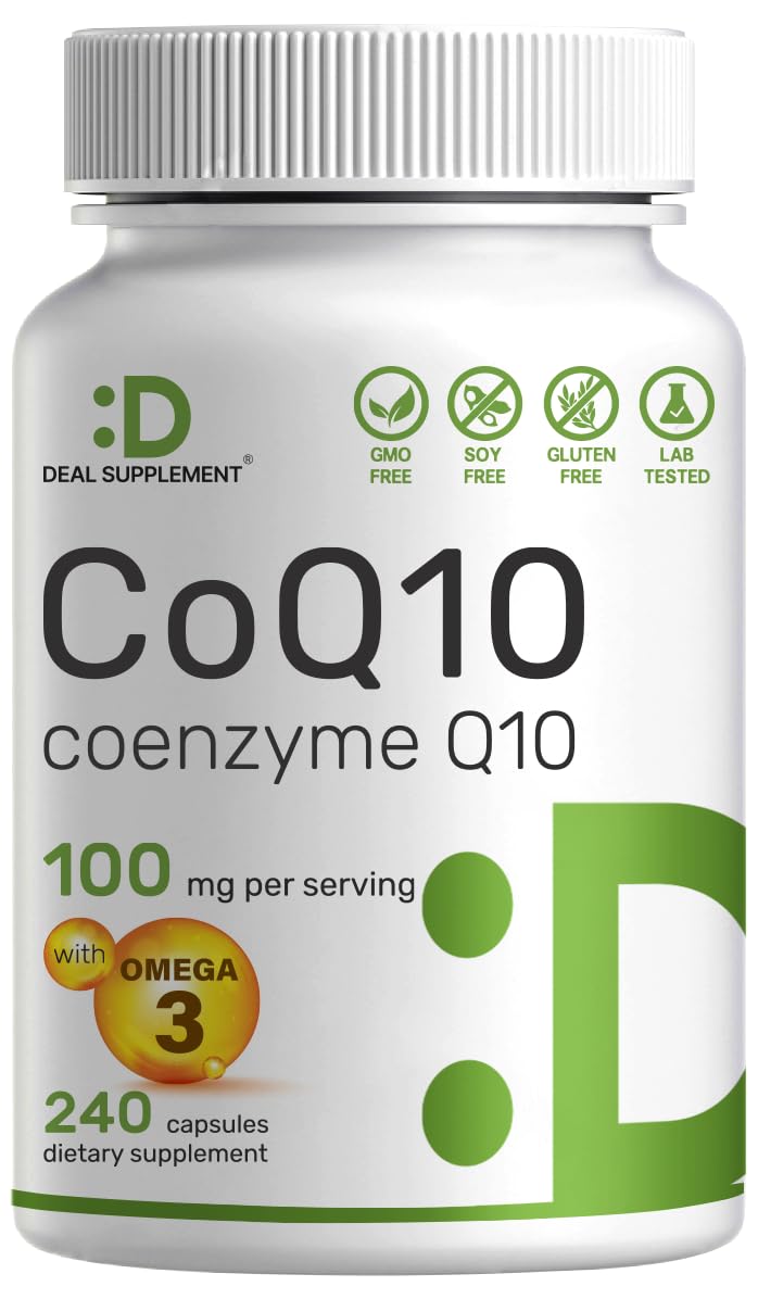 CoQ10 100mg, 240 Capsules – with Omega 3 Fatty Acid 100mg – Bioavailable Coenzyme