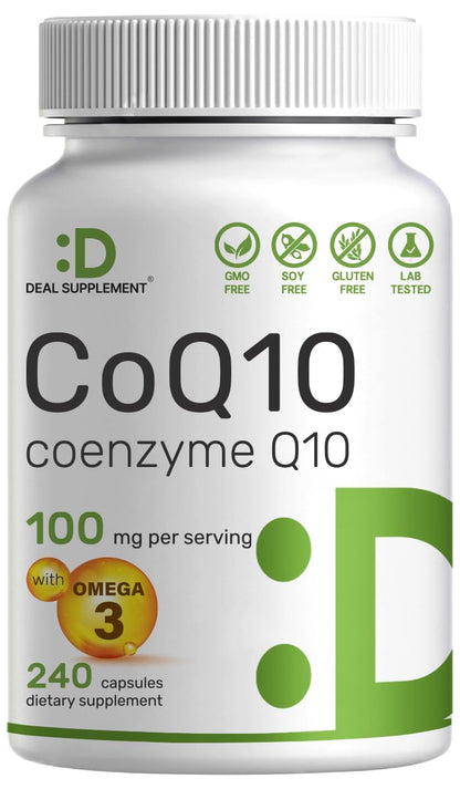 CoQ10 100mg, 240 Capsules – with Omega 3 Fatty Acid 100mg – Bioavailable Coenzyme