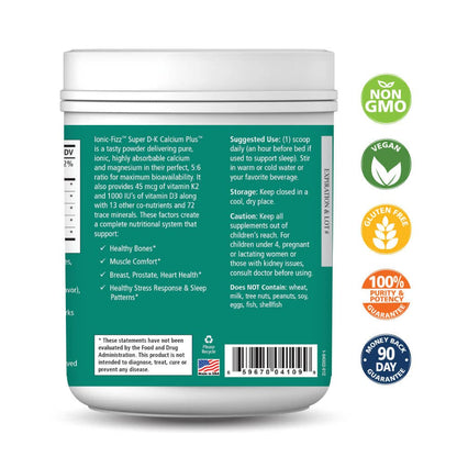 Ionic Fizz Super D-K Calcium Plus by Pure Essence - with Extra Magnesium, Vitamin D3, Vitamin K2 for Strong Bones and Stress Support - Raspberry Lemonade - 14.82oz